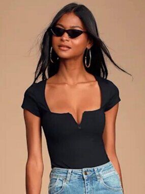 Lulus short sleeve deep v-neck, thong bodysuit